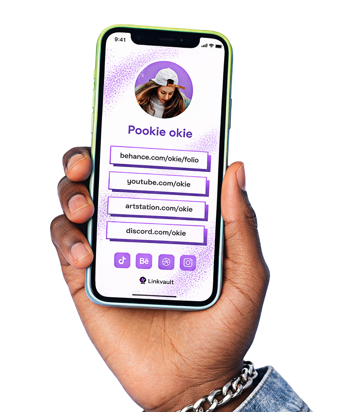 Hand holding a phone showing a customized Linkvault profile