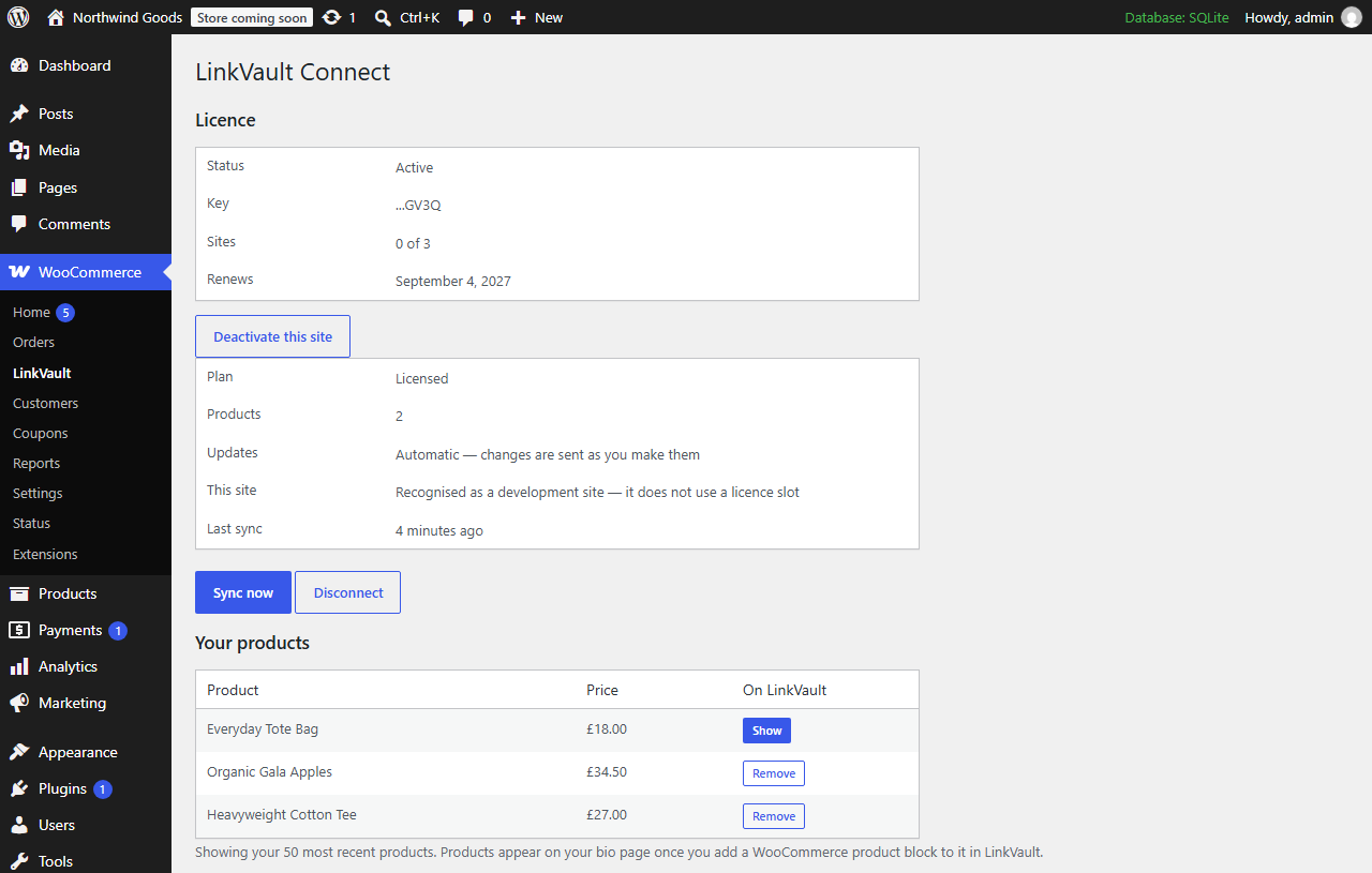 The LinkVault screen inside WooCommerce, listing three products with a button to show or remove each one from the bio page, above a licence panel.