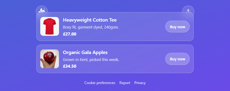 A LinkVault bio page showing two product cards, each with its photo, name, description, price and a Buy now button.